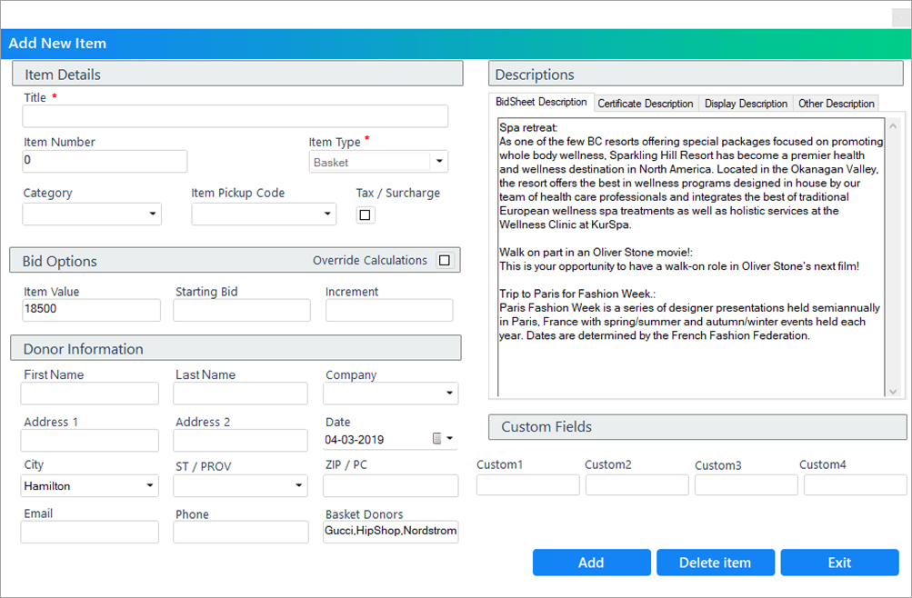 Turn individual auction items into baskets easily with Bidstation