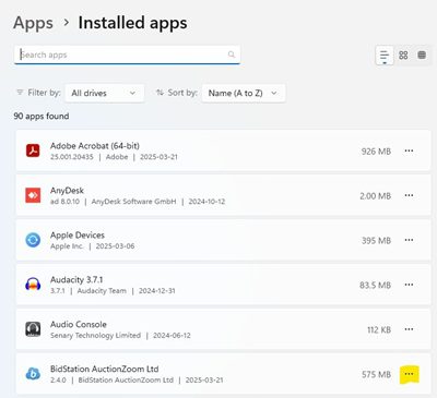 screenshot of the installed apps window 